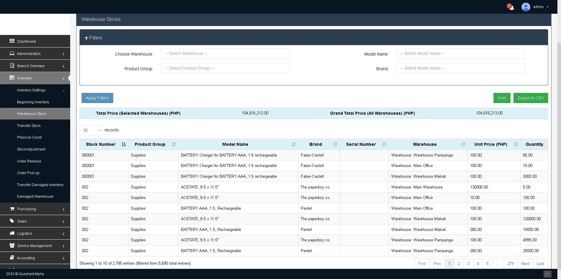showcasing of warehouse system quadrant alpha
