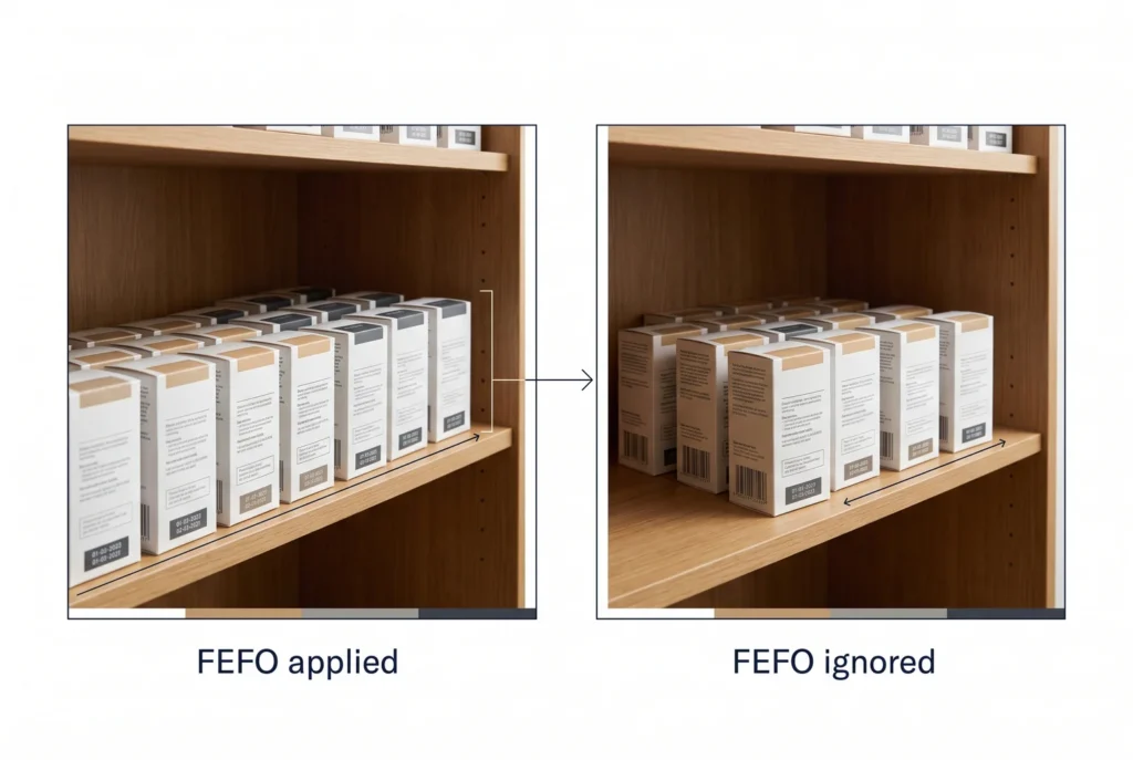 When software enforces FEFO, the nearest-expiring stock sits at the front, waiting to be picked before it becomes a write-off.