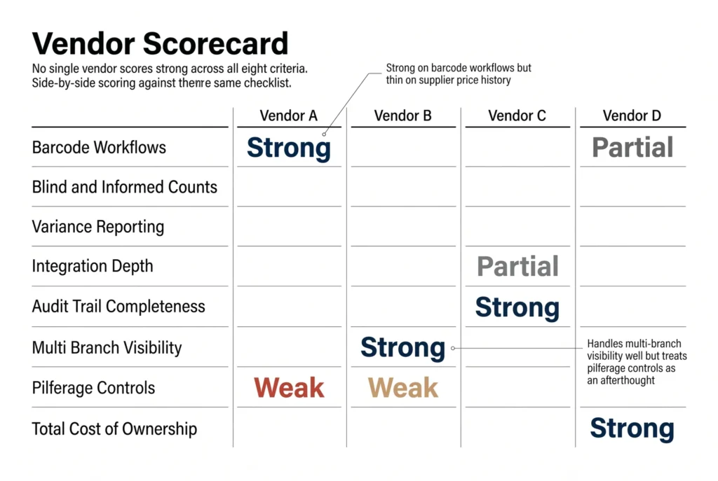 Laying every vendor against the same eight criteria turns vague impressions into a scorecard that shows exactly where each one falls short.