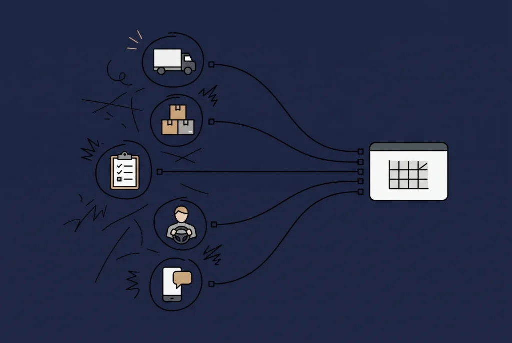 Five disconnected tools become one connected system, which is exactly what a logistics management system is built to do.